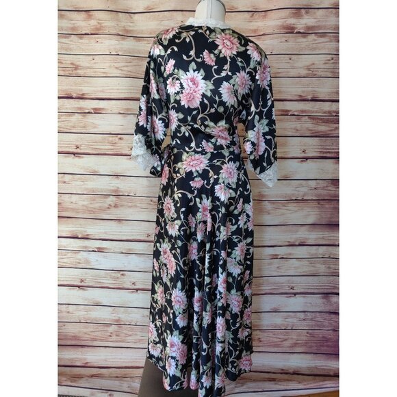 Vintage Sateen Black/Pink Floral Christian Dior Robe with Lace Trim - Picture 2 of 10